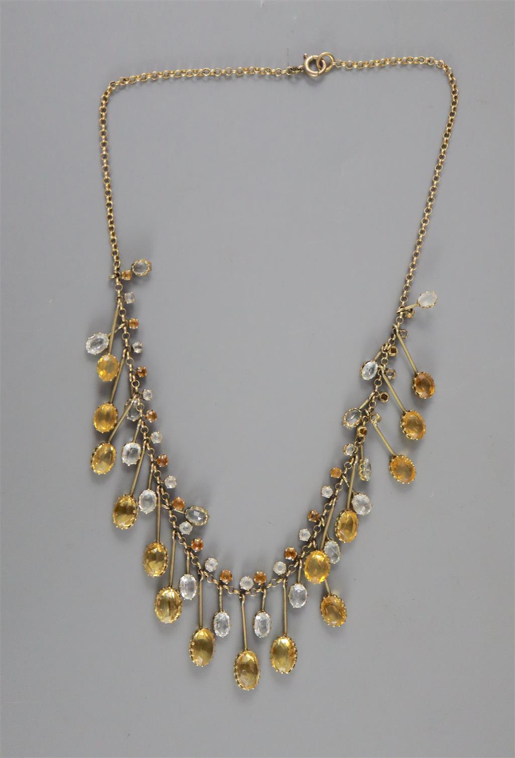 A Victorian 9ct gold, citrine and aquamarine? set riviere necklace,